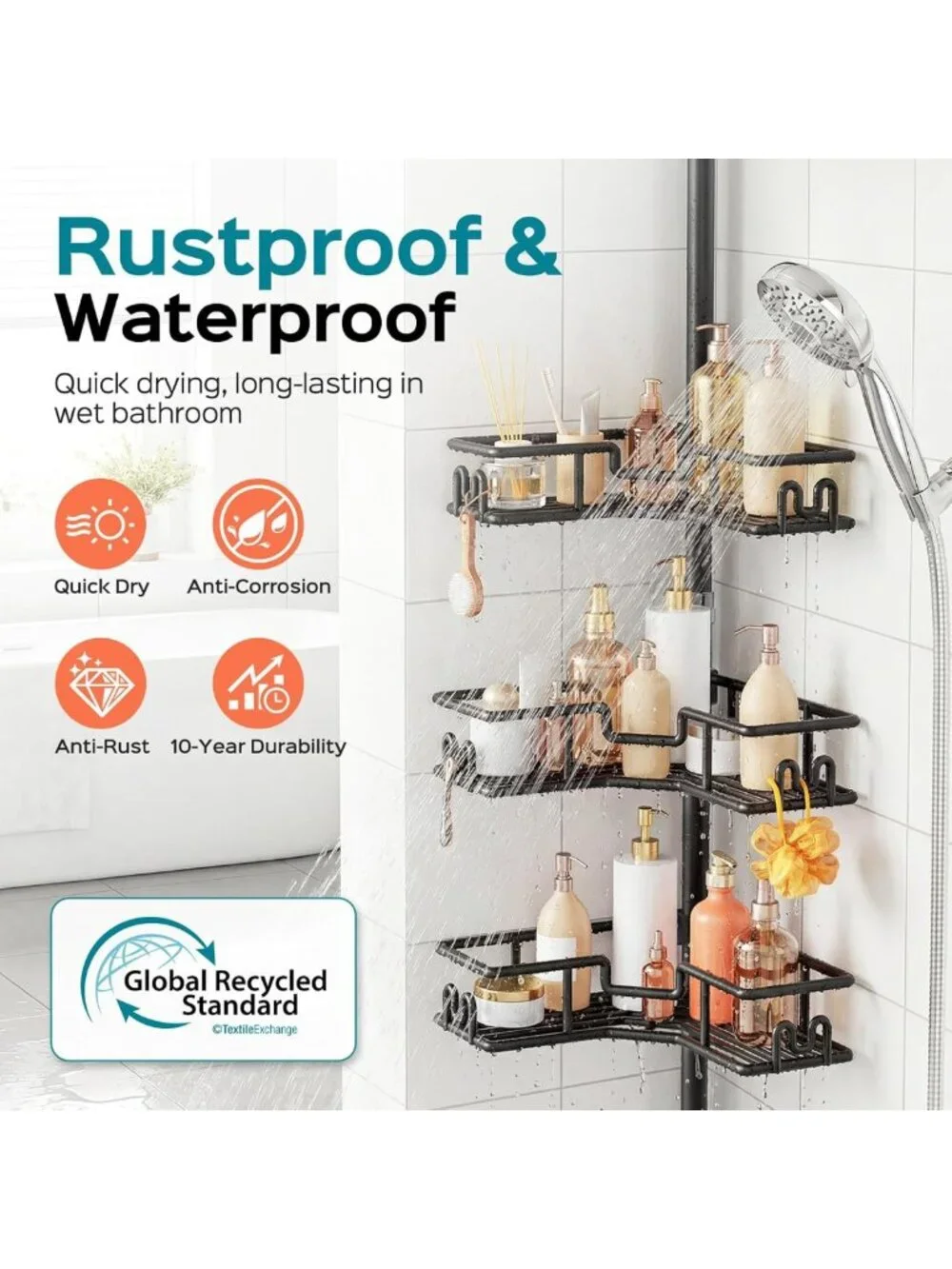 Adjustable 4-Tier Shower Caddy Tension Pole - Rustproof Corner Organizer Rack